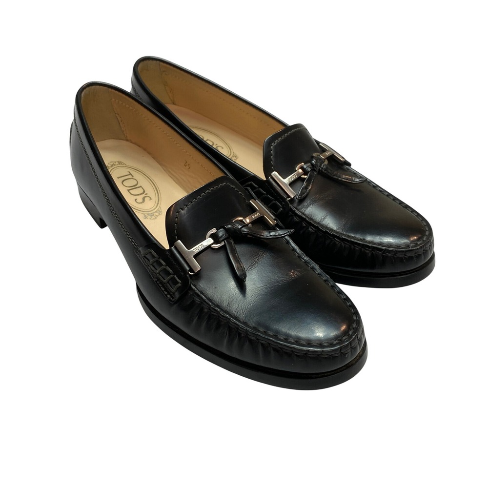 Tods Loafers Womens 39 Black T-Bar Bit Tassel Leather Gommino Heel